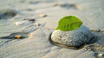 Wall Mural - High Quality Photo of Green Leaf on Stone on Sandy Beach