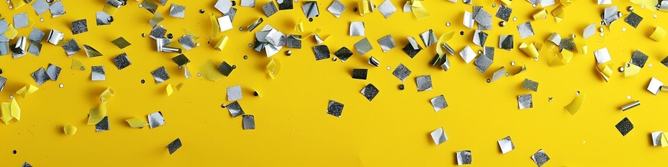 Yellow background with scattered silver confetti, viewed from above. Ideal for festive celebration or party designs in yellow and grey.