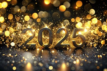 Wall Mural - The banner. Happy New Year and Merry Christmas. Gold, shiny 2025 numbers, sequins and a beautiful bokeh on a black background. The flyer. Invitation.