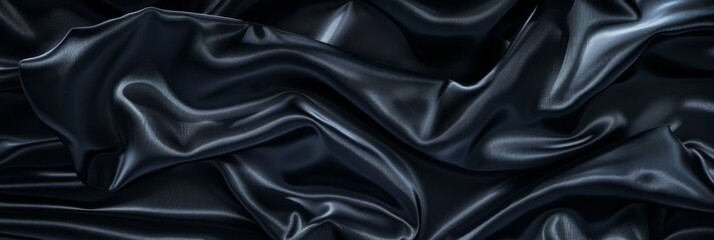 Black drapery silk fabric background. Wavy satin cloth texture pattern. Smooth shiny drape material