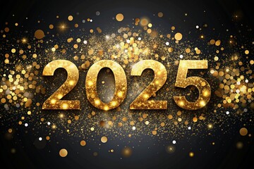 Canvas Print - The banner. Happy New Year and Merry Christmas. Gold, shiny 2025 numbers, sequins and a beautiful bokeh on a black background. The flyer. Invitation.