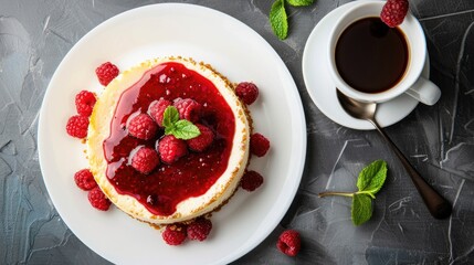 Wall Mural - Top view of cheesecake with raspberry jam and coffee cup