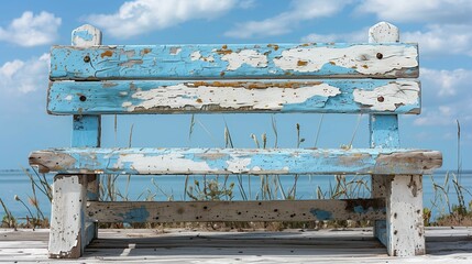 Wall Mural - wooden bench with peeling blue and white paint near a serene beach under a blue sky with clouds.