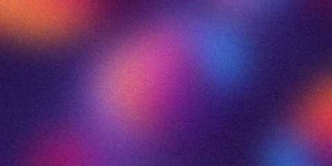 Abstract blurred background with a grainy texture and gradient colors. Blue, purple, red and orange colors blend for a design banner, poster or presentation. Blurred background illustration 