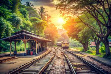 Wall Mural - the curve of railway near train station with tree at left and right side of railway,vintage filtered image, light and flare effect added, selective focus,local train station,thailand