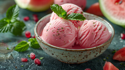 Wall Mural - Close up studio photo of watermelon ice cream scoops in a ceramic bowl on an old blue table with a Sicilian rustic background and copy space.