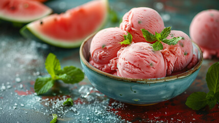 Poster - Close up studio photo of watermelon ice cream scoops in a ceramic bowl on an old blue table with a Sicilian rustic background and copy space.