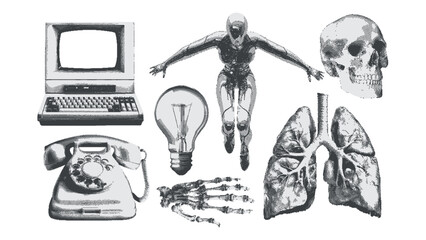 Surreal retro graphic kit. Halftone collage cut out element in a bitmap style. Lungs, robot woman, telephone, computer, skull, light bulb. Contemporary Pop art dotted stickers.