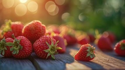 Canvas Print - Strawberries on wooden table with bokeh light background.