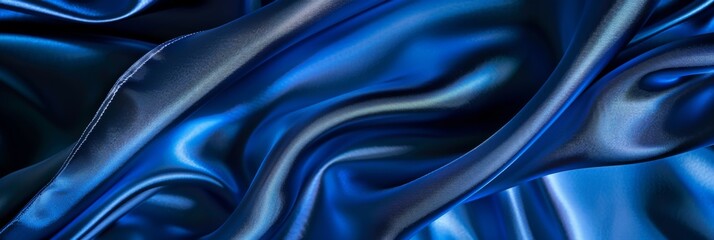 Blue drapery silk fabric background. Wavy satin cloth texture pattern. Smooth shiny drape material