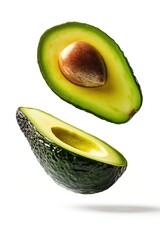 Wall Mural - Ripe avocado isolated on a white background. Pieces of fruit floating in the air