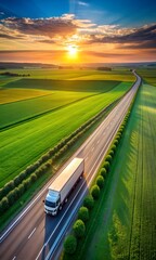 Wall Mural - truck driving on asphalt road along the green fields at sunset. seen from the air. Aerial view landscape. drone photography. cargo delivery