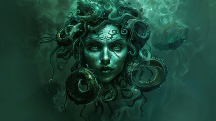 Wall Mural - A digital portrait of medusa with snake hair surrounded by fog