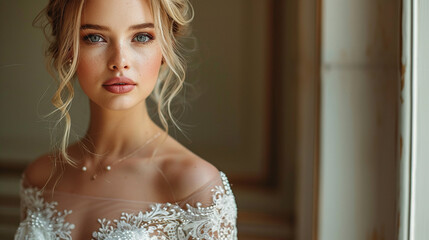 Wall Mural - beautiful bride with blonde hair in elegant wedding dress posing in the room on wedding morning