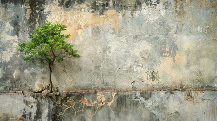 Lonely small green tree on aged wall