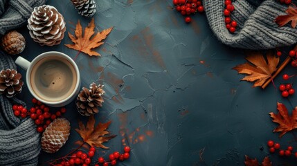 Poster - Autumn themed arrangement with coffee sweater cones rowan berries and maple leaves on dark background Concept of autumn and winter Flat lay with space for text