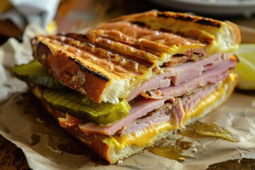 an authentic cuban sandwich on pressed medianoche bread with pork ham cheese pickle and mustard.