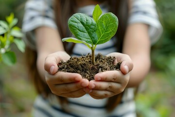 A child holds a young plant with dirt in their hands