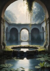 Poster - A peaceful courtyard with a pond and a small waterfall, surrounded by stone arches