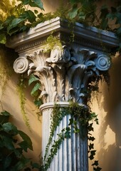 Wall Mural - A close-up of a stone column with a detailed capital, covered in vines