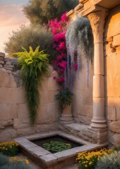 Wall Mural - A small courtyard with a stone pond, flowers, and a pillar at sunset