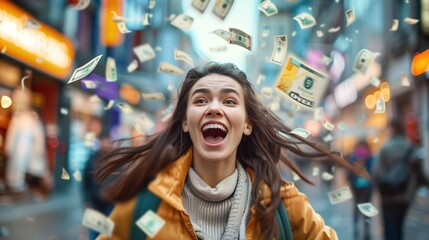 Wall Mural - A_young_woman_standing_in_the_middle_of_a_busy_street_her_money_is_flying_in_the_air