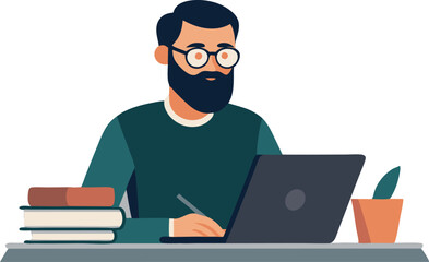 Vector illustration of a man working on a laptop with books and plant on desk