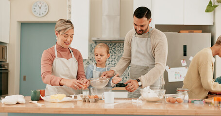 Wall Mural - Happy family, daughter and baking with bowl for mixing ingredients, bonding or hospitality together in kitchen at home. Mother and father teaching young baker, child or kid for dessert skill at house