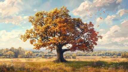 Canvas Print - Autumn tree in a field with scattered leaves