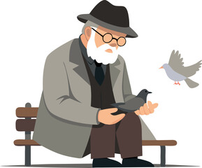 Elderly man feeding pigeons while sitting on a park bench, enjoying a peaceful moment