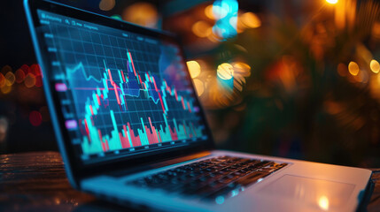 Wall Mural - Close-up of Laptop Screen with Financial Charts and Arrows Indicating Growth