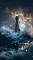 Wall Mural - Lighthouse shining under a starry night sky, casting light across the calm sea with mystical celestial charm.