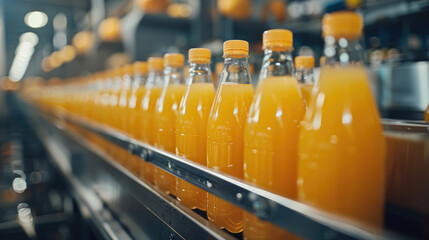 Poster - Orange Juice Bottles on Conveyor Belt in Factory