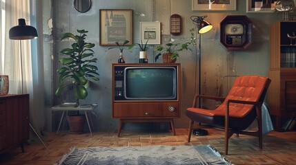 Wall Mural - A cozy living room with a single chair and TV set