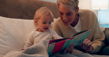 Poster - Grandma, girl and reading book in bed for storytelling, literature and bonding at bedtime. Home, grandparent and child learning together for love, language and support toddler for fiction fairytale