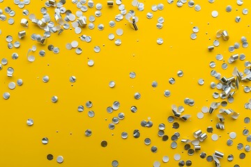 Celebration-themed yellow background with silver confetti scattered, top view. Suitable for party designs in yellow and grey hues.