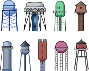 water tower set cartoon. storage building, reservoir oil, old isometric water tower sign. isolated symbol vector illustration