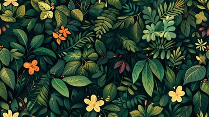 Wall Mural - This seamless pattern showcases lush green foliage and vibrant flowers, perfect for botanical and natureinspired projects, adding beauty and life to any design with its colorful and lively elements