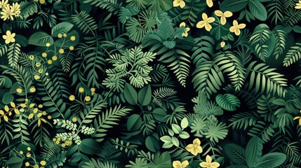 Wall Mural - This seamless pattern features a lush assortment of green foliage, including ferns, leaves, and small yellow flowers, set against a dark background. Perfect for nature-inspired designs.