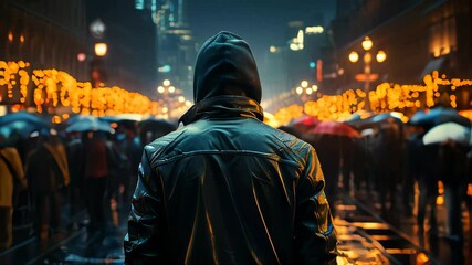 Poster - Man in raincoat and hoodie looking at night cityscape, concept hacker and cybercrime on the internet