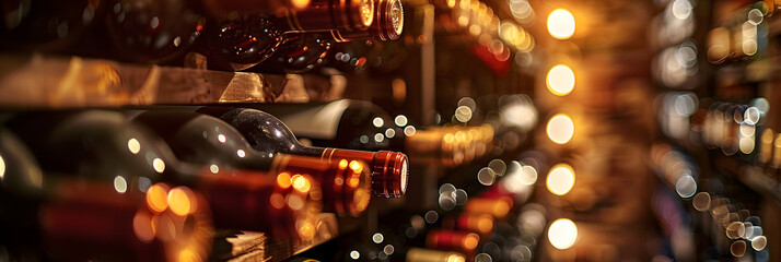 Rows of Wine Bottles in a Warmly Lit Cellar