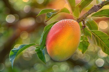 Wall Mural - A juicy peach hangs from a tree branch, glistening with water droplets