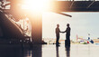 © JorSons/peopleimages.com - Handshake, aircraft and silhouette of business people with deal for money laundering with travel. Crime, suitcase and lawyers shaking hands for illegal finance agreement with fraud by helicopter.