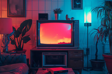 Retro TV, red, blue, and brown, vintage aesthetic, nostalgic 80s vibe,  evoking a sense of nostalgia and a bygone era. 
