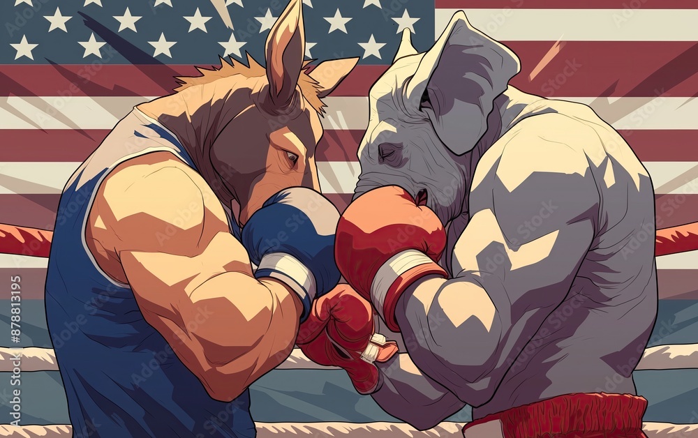 Generative AI of Cartoon Style Elephant and Donkey Political Boxing ...