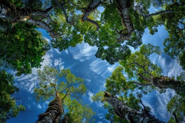 A group of tall trees in a dense forest