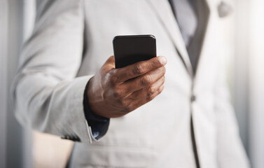 Poster - Cellphone, hand and businessman with online networking for communication with investment client. Phone, information and closeup of financial advisor scroll on mobile app for stock market research.