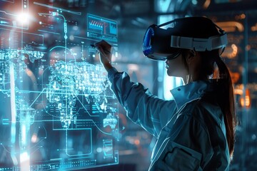 Wall Mural - A futuristic industrial virtual training concept featuring a VR headset and a touchscreen hologram display