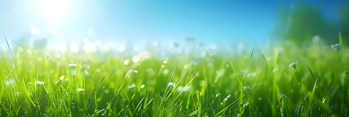 Wall Mural - sunny spring meadow blur background blue sky to green grass gradient