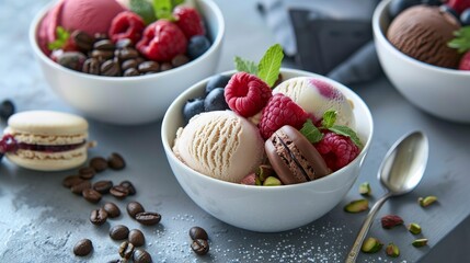 Wall Mural - gourmet treat for the summer! Enjoy handcrafted ice cream presented in bowls with a stunning view, loaded with fresh berries, macaroons, coffee beans, pistachios, and chocolate.